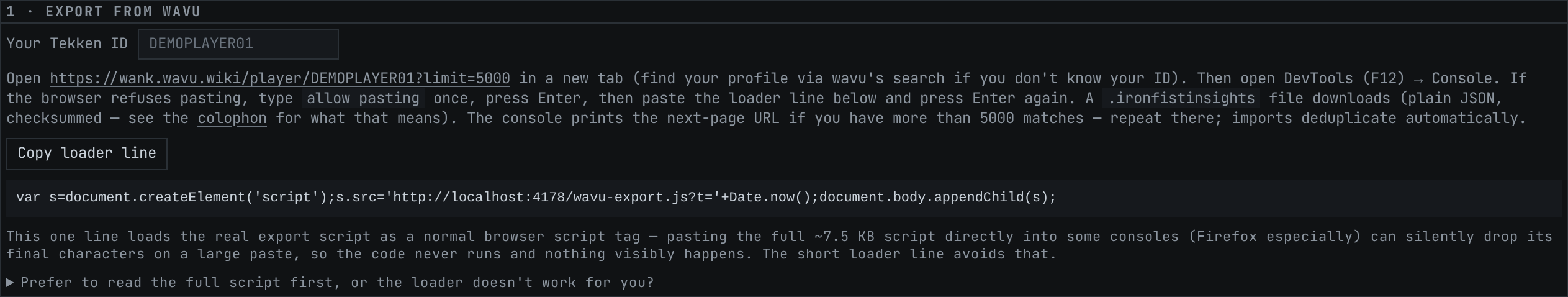 The export step, with the loader line you paste into the browser console on your wavu profile.