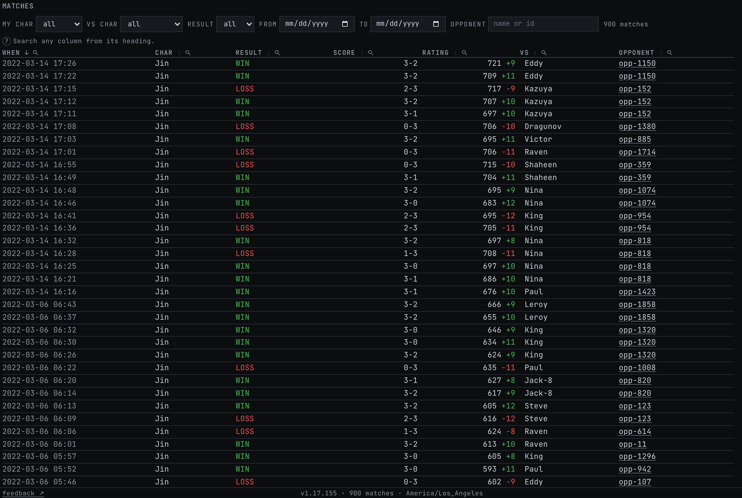 The match log: every imported match as a row, with the filter row above it.