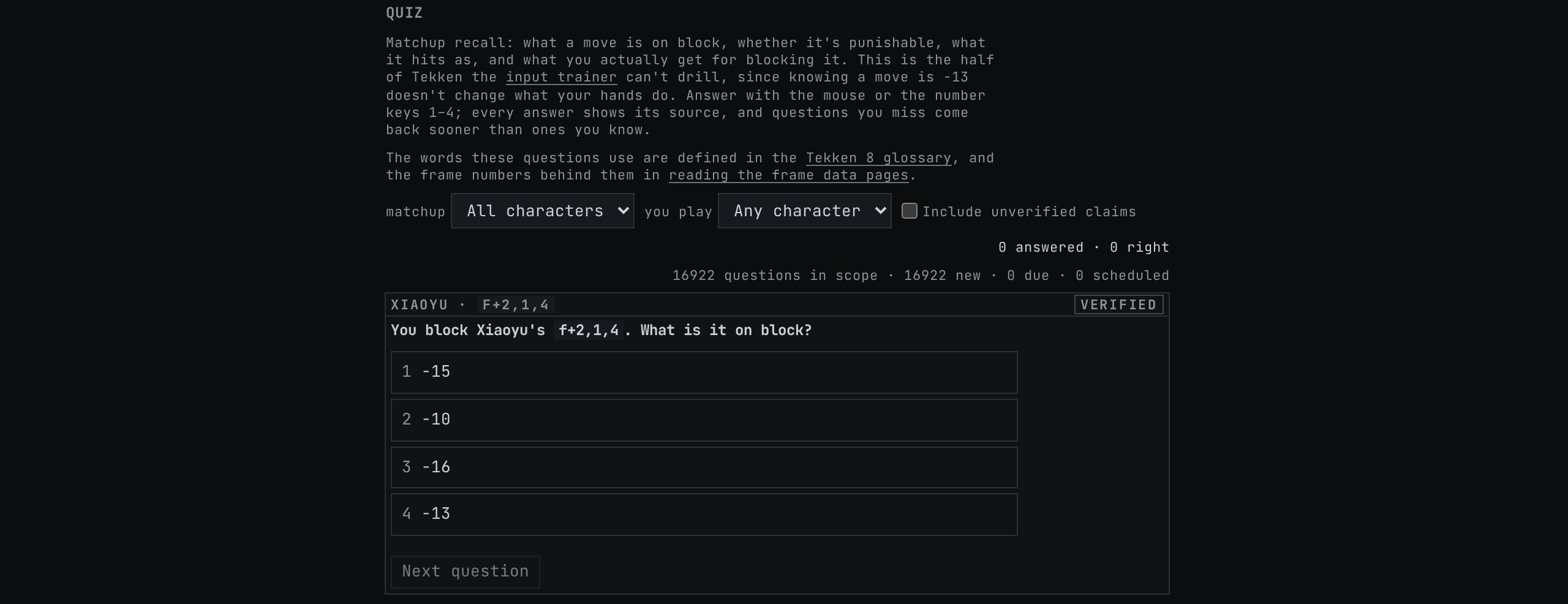 The quiz page: the two filters, the counter line, and a question card asking what a move is on block with four options.